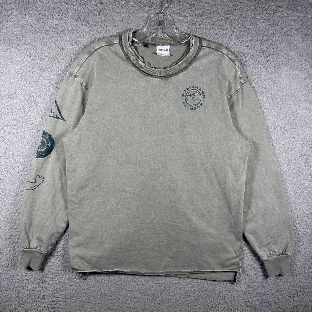 Gymshark Fitness Mens Olive Green Acid Wash Graphic Long Sleeve Shirt Small